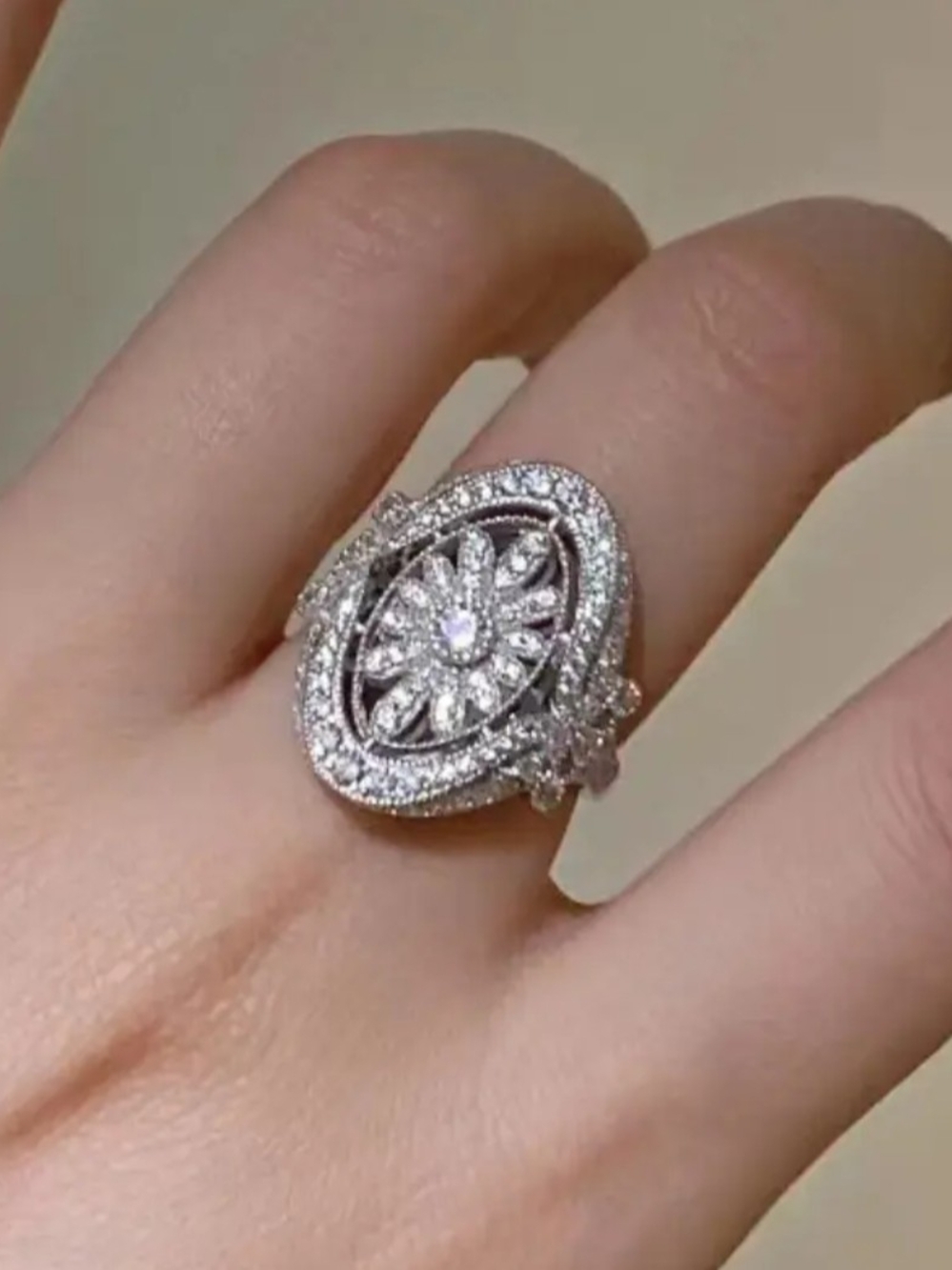 White Rhodium Floral Halo Cocktail Ring